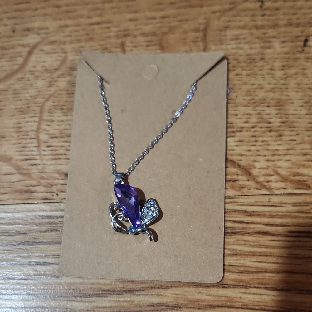 Elegant Silver and Purple Butterfly Necklace